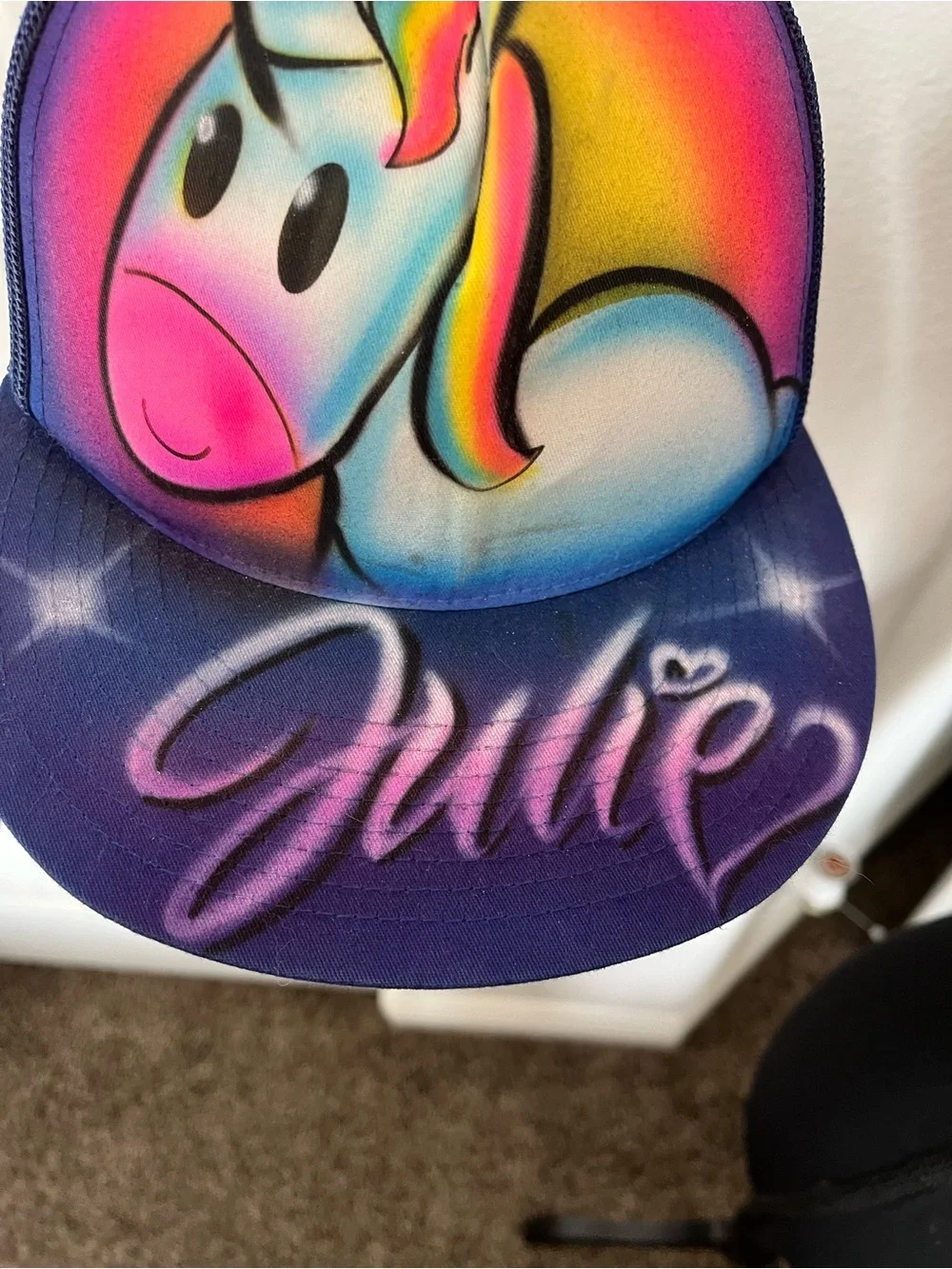 Custom Airbrushed Unicorn Trucker Hat “Julie” | Blue Snapback | One Size